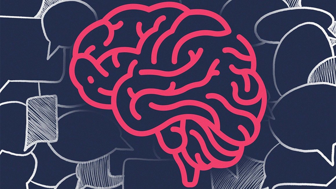 Illustration of a line drawing of a brain on a backdrop of speech bubbles