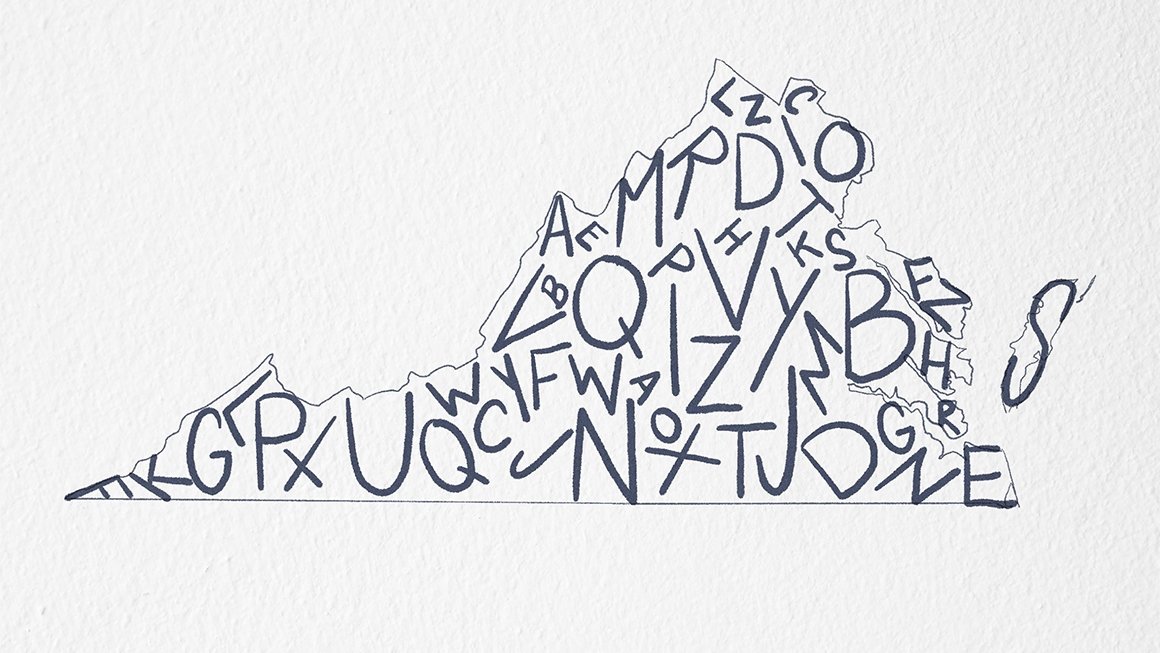 Illustration of an outline of the state of Virginia filled in with the letters of the alphabet