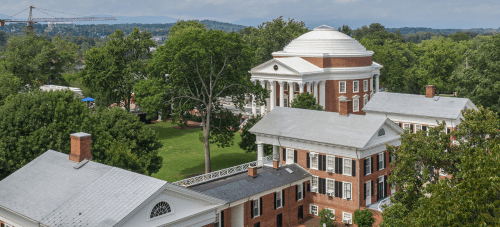 An aerial view of the UVA Rotunda and the Lawn
