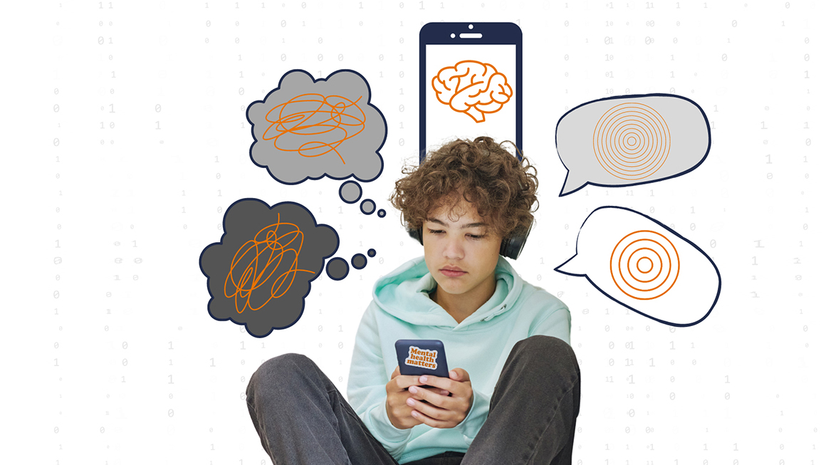 Photo illustration of a teen boy with brown curly hear wearing a hoodie and looking at a cell phone. Around his head are speech bubbles and phones with scribbles and drawings inside, illustrating noise and confusion.