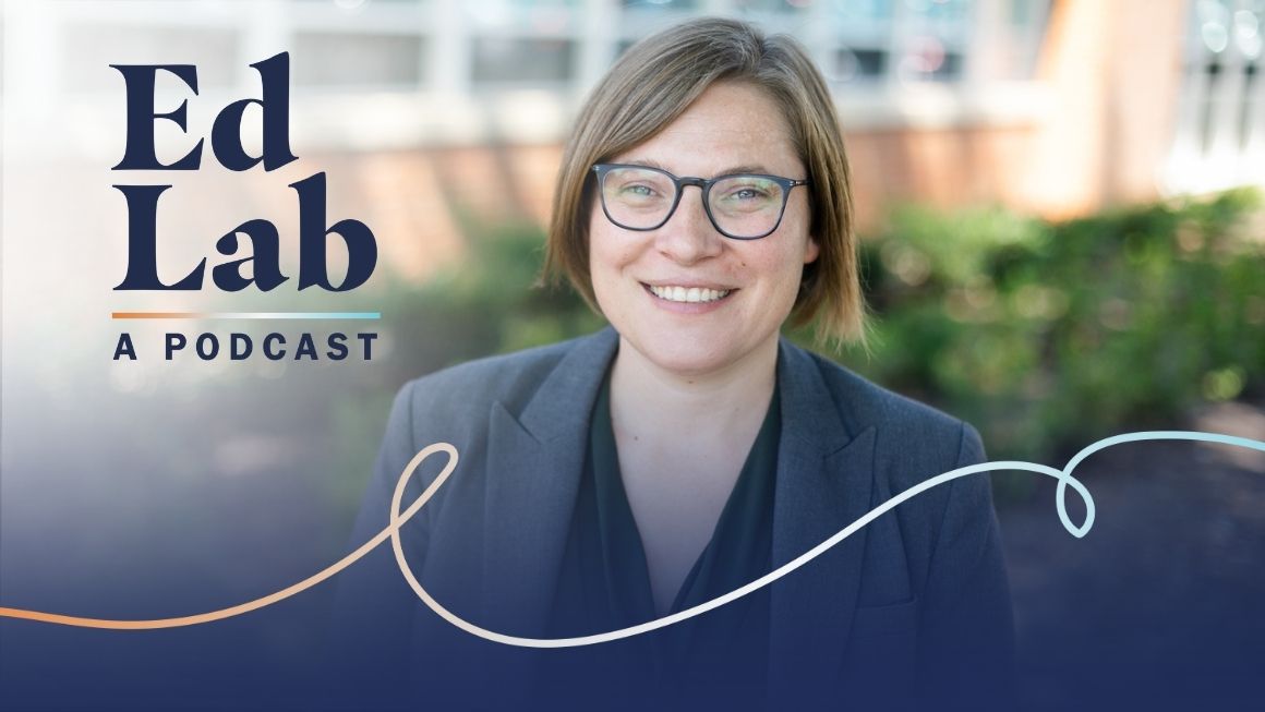 Beth Schueler headshot with EdLab logo to the left.