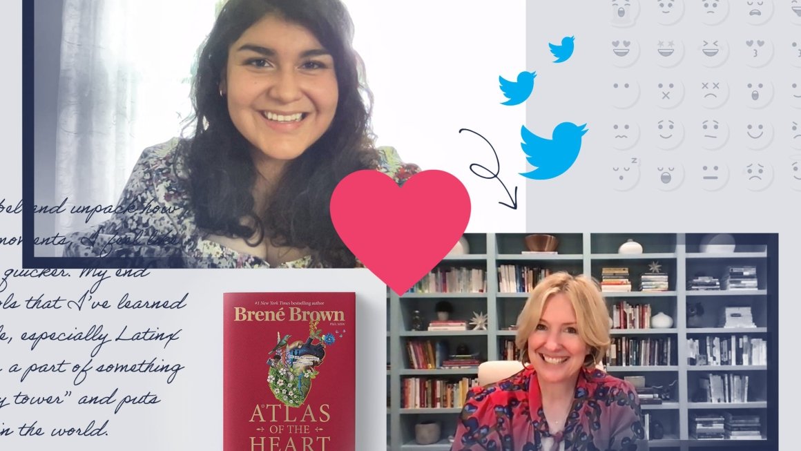 Illustration with a photo of a dark-haired young woman on one end and a photo of researcher Brene Brown on the other, with a drawing of a heart in between.