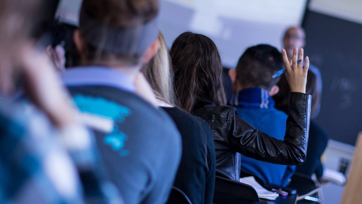 Student raises hand in class.