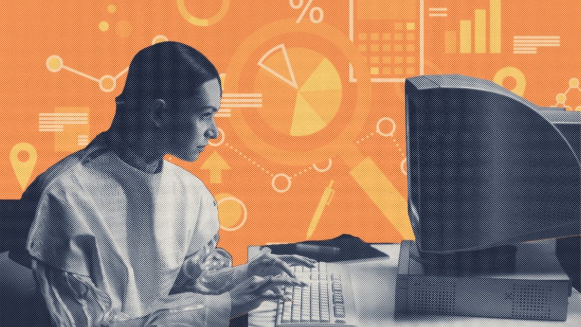 Photo illustration of a woman typing at a computer on an orange backdrop with images of charts and graphs