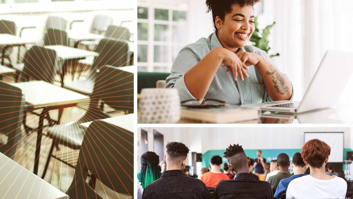 Photo compilation of school desks, a woman sitting at a computer, and a room full of people