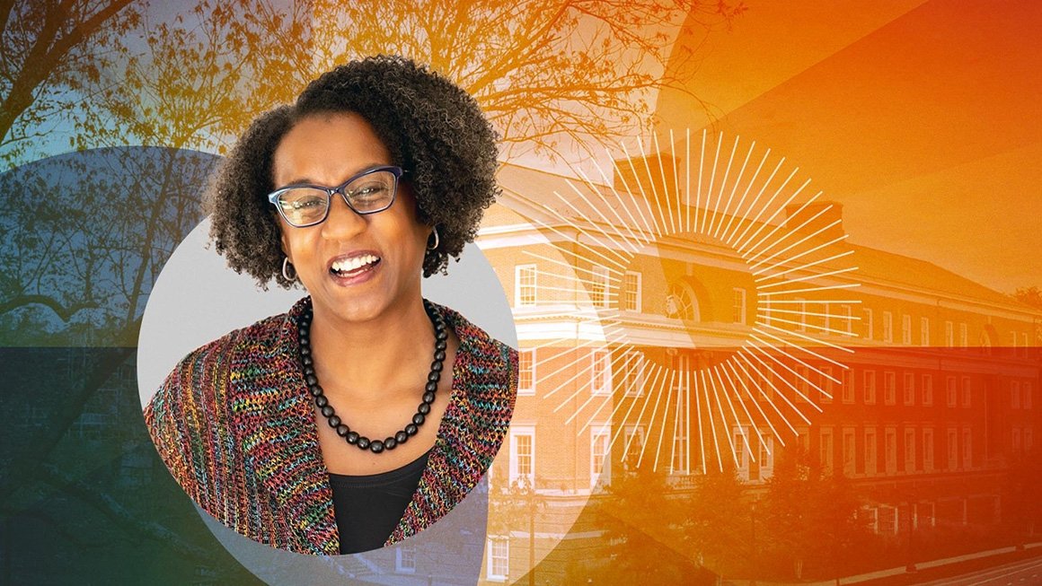 Image of Stephanie Rowley on top of a photo of Bavaro Hall with orange and blue overlays