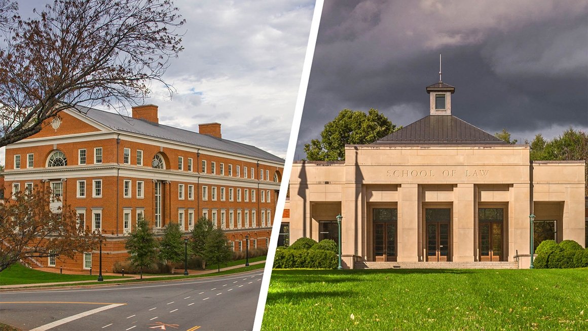 A composite image of Bavaro Hall on the left and a Law School building on the right with a slated white line in between
