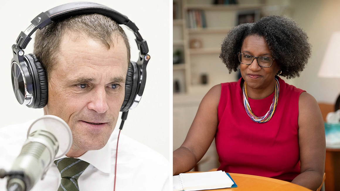 UVA President Jim Ryan wearing headphones and talking into a mic beside a photo of Dean Stephanie Rowley sitting at a table in her office