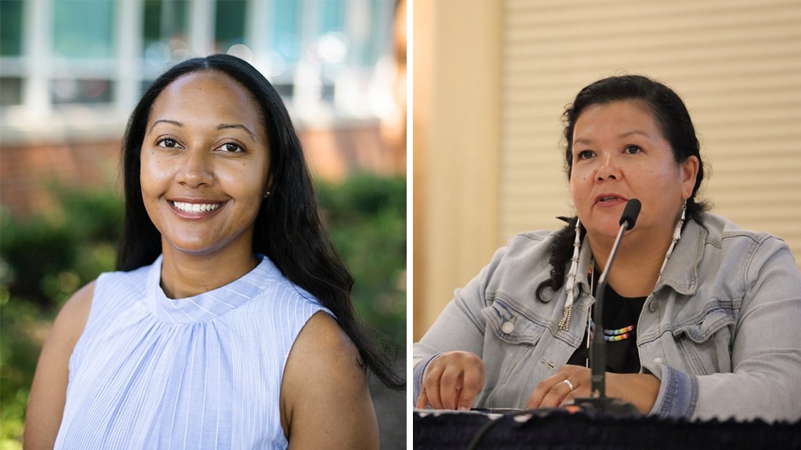 Photo of Lora Smith smiling at camera next to photo of Dustina Gill sitting at table speaking into a microphone