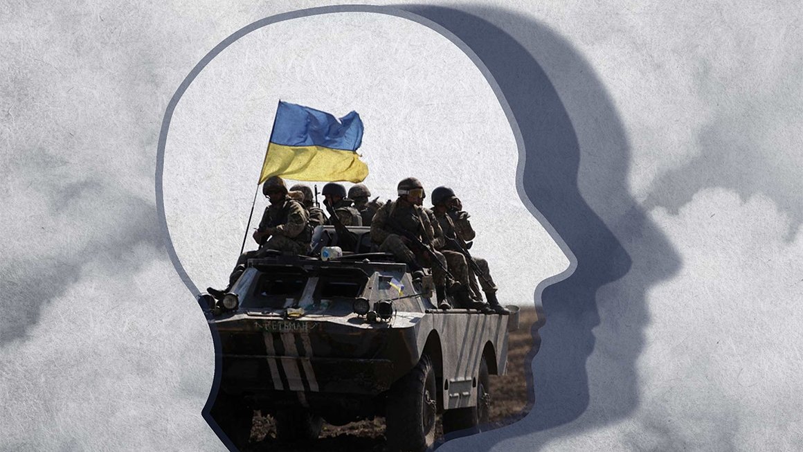 Illustration of a military tank with soldiers flying the Ukrainian flag within an outline of a person's head in profile