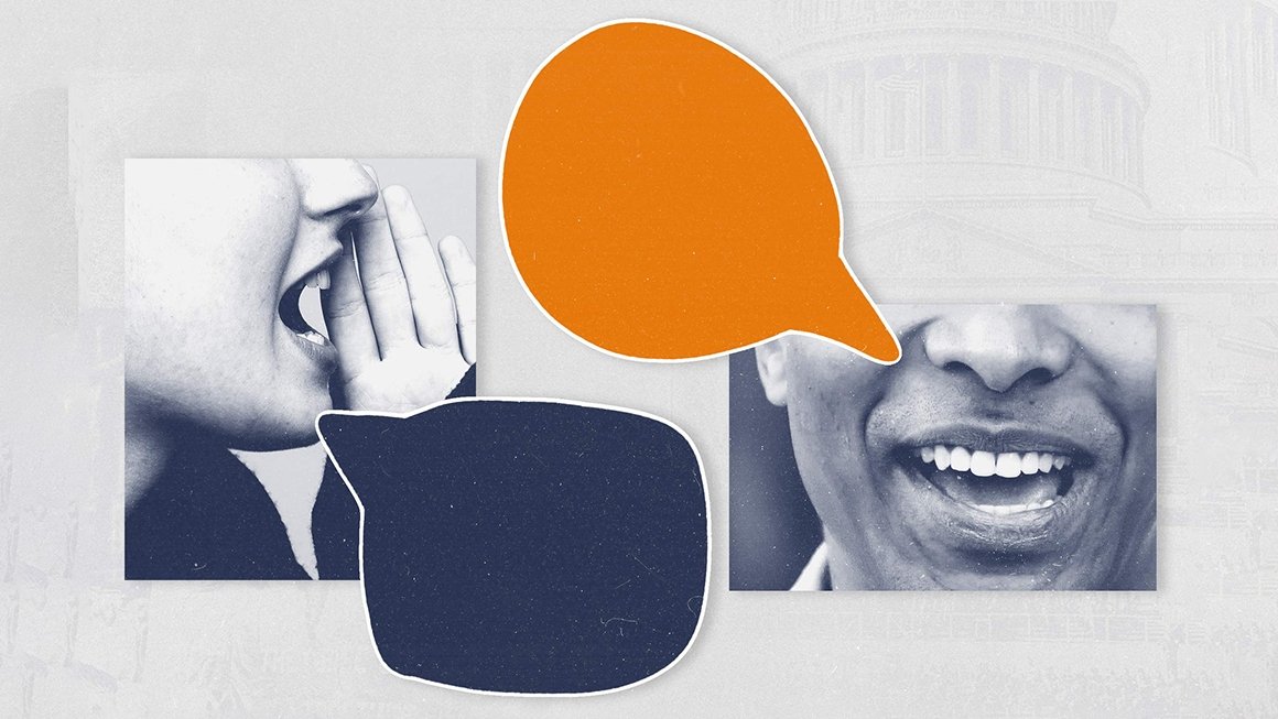 Two close-up images of people talking with blue and orange speech bubbles 
