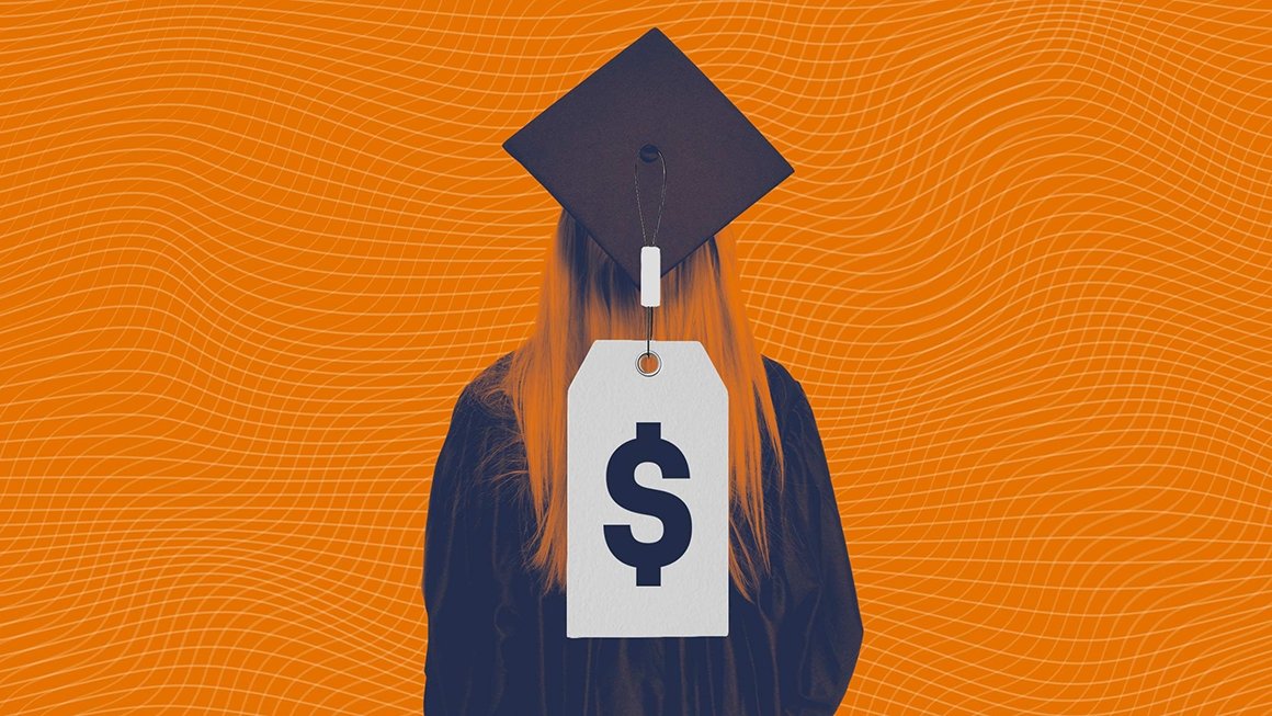 Person with long hair wearing cap and gown faces away from the camera. A price tag hangs from the cap with a large dollar sign on it.