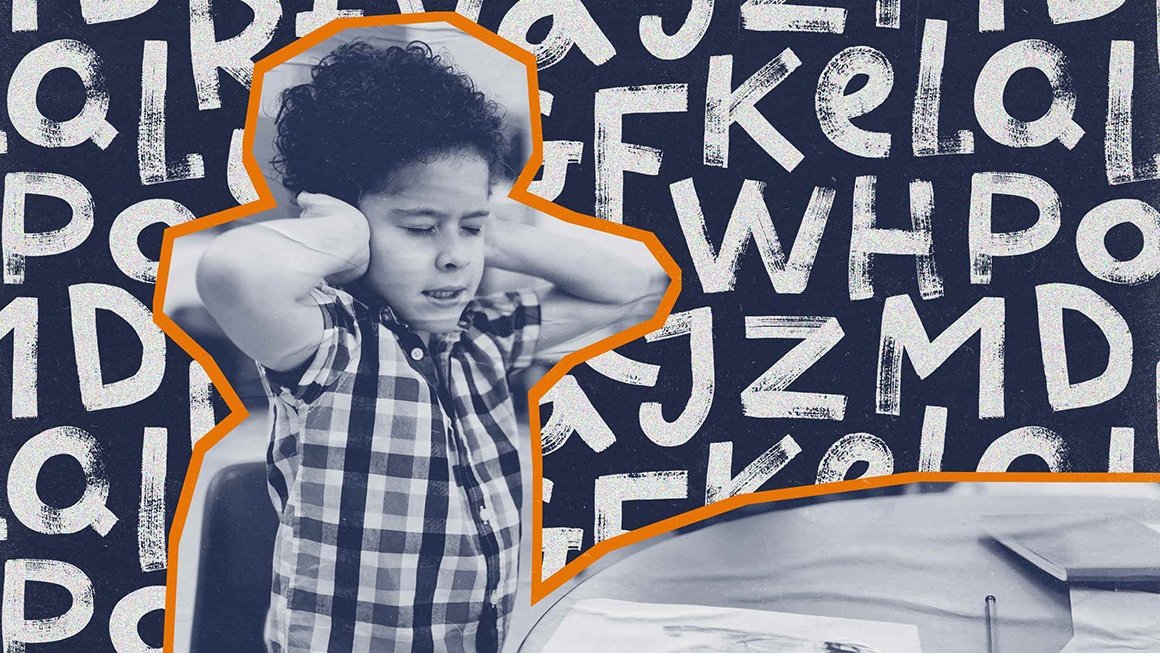 Boy sits at desk with hands over his years. Graphic letters are behind him.