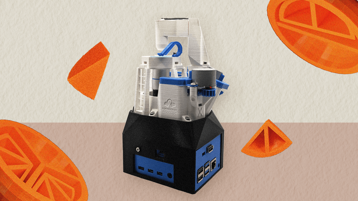 A graphic showing a 3D-printed microscope and 3D-printed pieces of orange used to teach fractions.