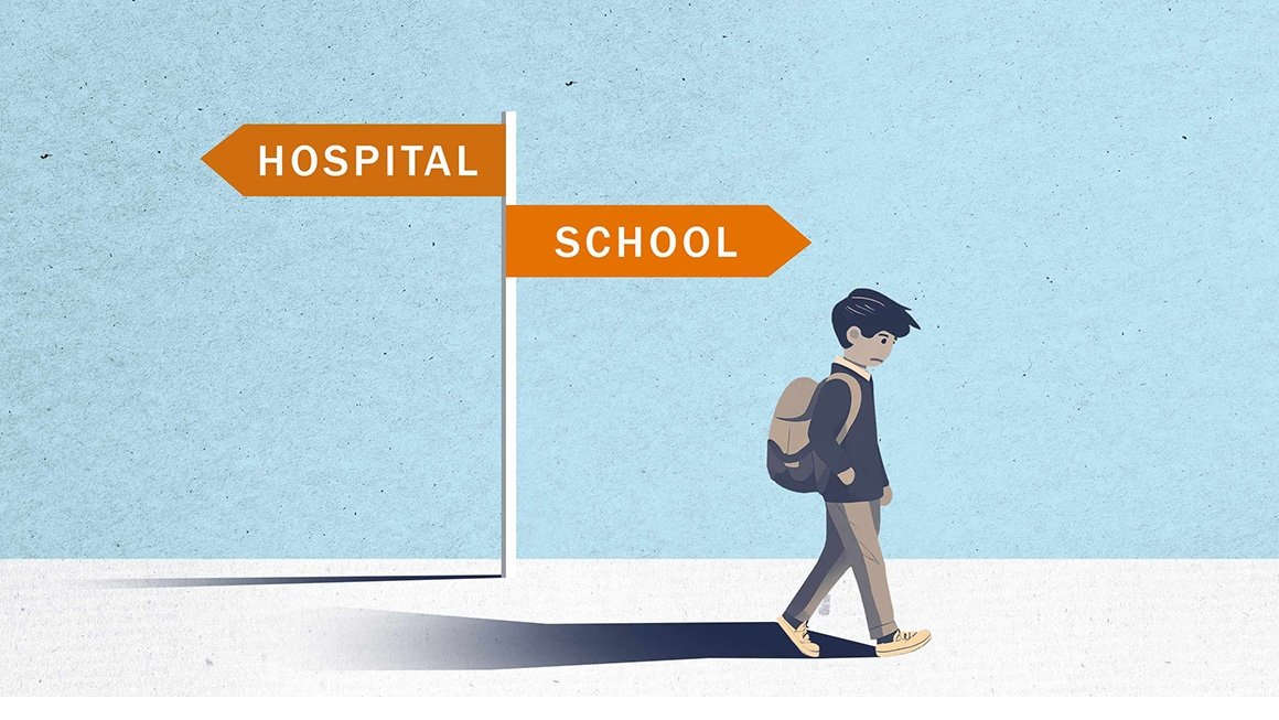 A pole with signs pointing in different directions: "Hospital" points left, "School" points right. Child with a backpack walks in the direction of school.
