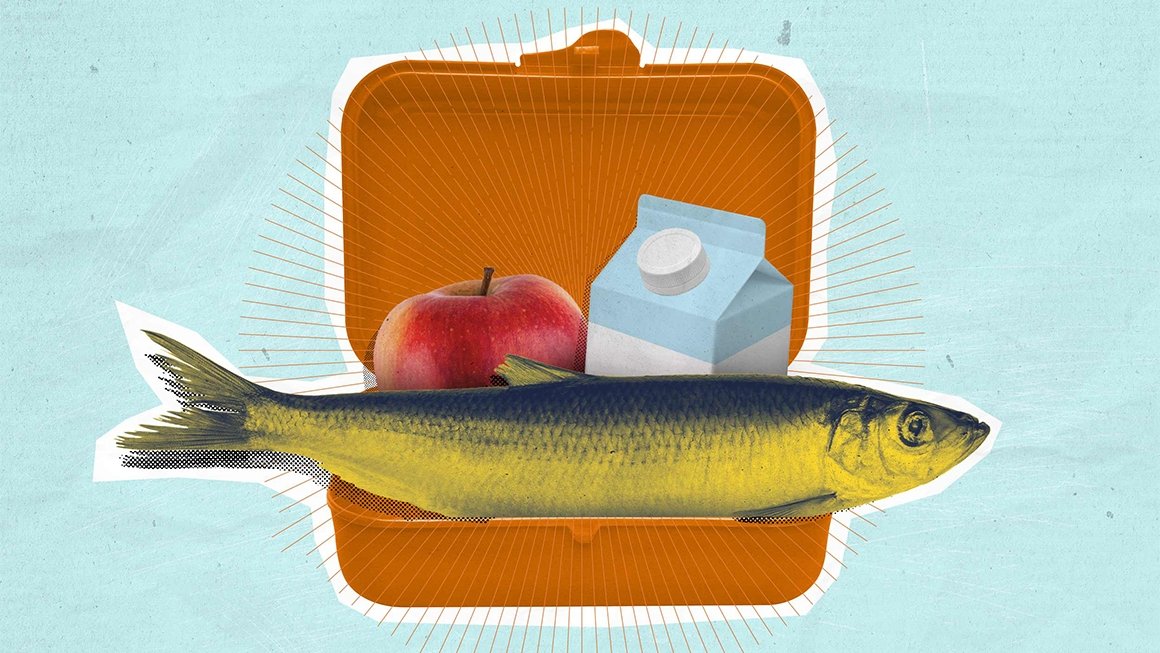 Illustration of an orange lunchbox with an apple, a carton of milk, and a green fish