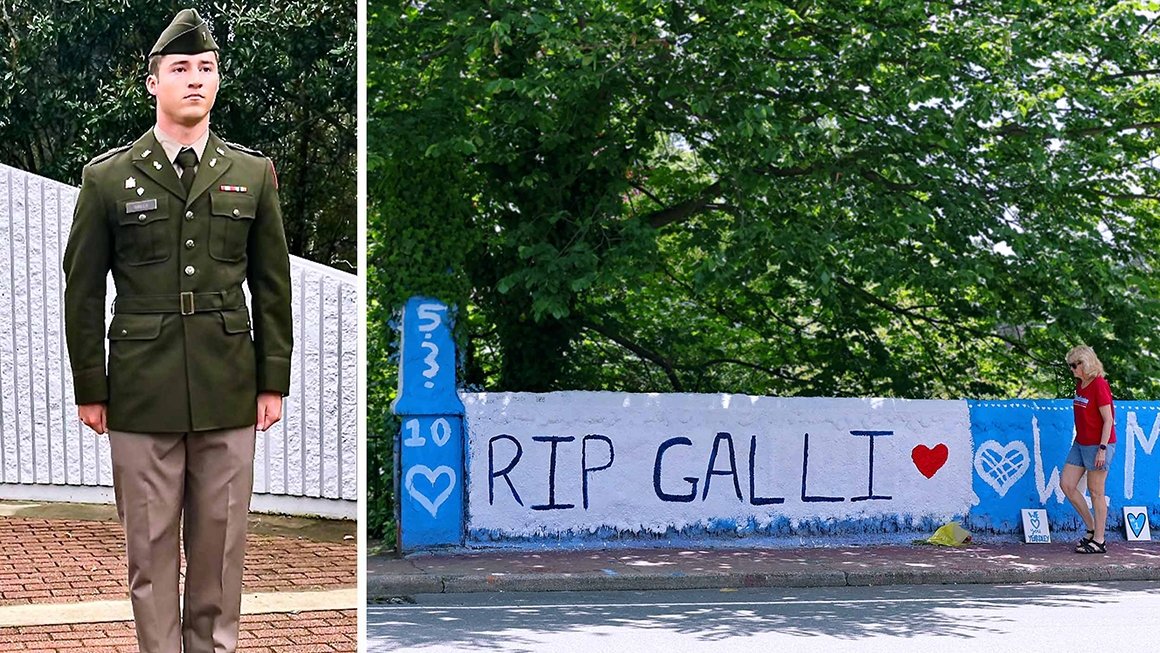 U.S. Army 1st Lt. Zachary Galli stands at attention at the left. On the right, the Beta Bridge is painted with "RIP GALLI"