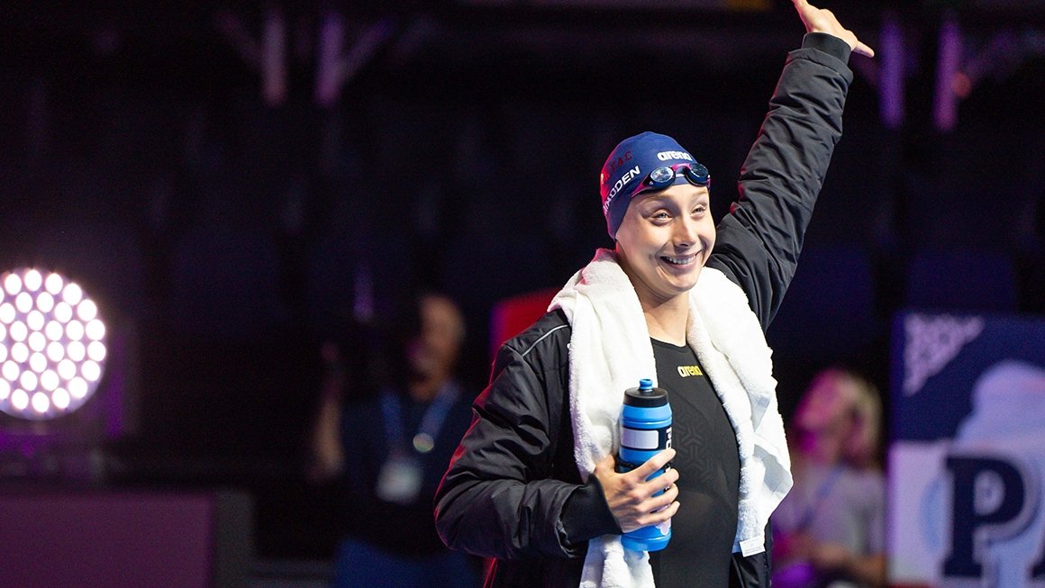 Page Madden waves during U.S. Olympic Team Trials in June 2024.