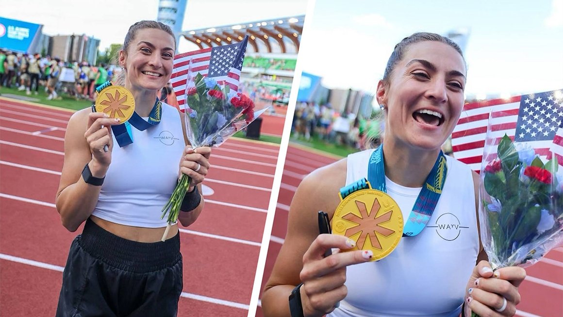 Bridget Williams holds her gold medal after winning the pole vault event at the U.S. Olympic Trials.the 