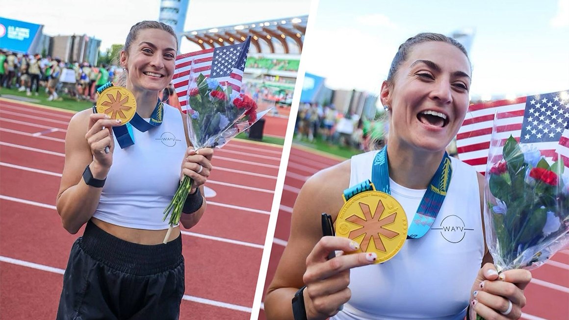Bridget Williams holds her gold medal after winning the pole vault event at the U.S. Olympic Trials.the