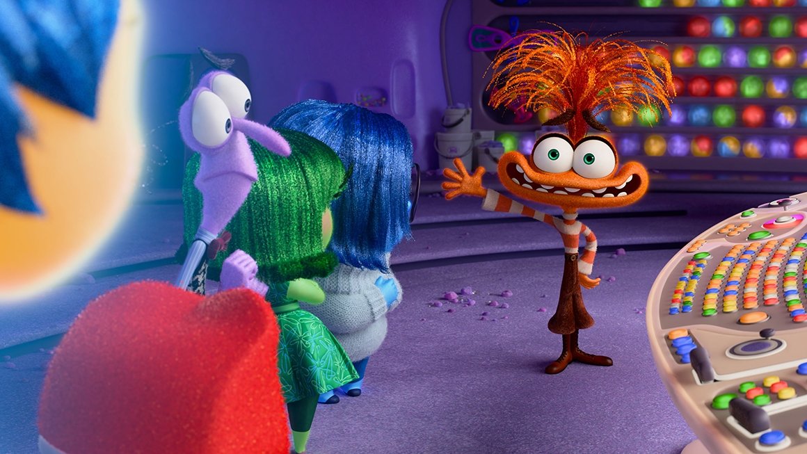 A moment from the movie "Inside Out 2" when the characters meet the new emotion, "Anxiety."