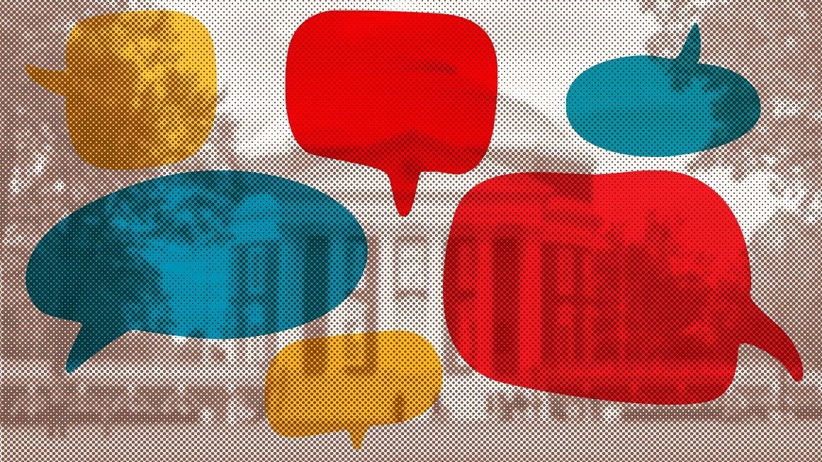 Graphic of thought bubbles scattered about. The UVA Rotunda is in the background.