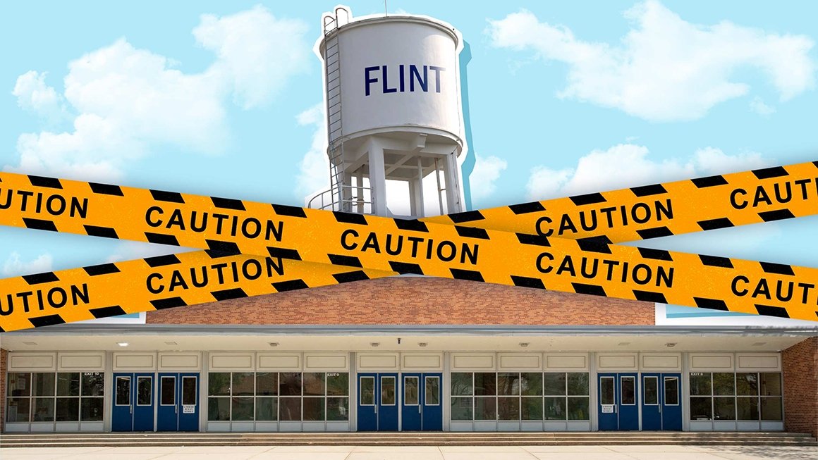 Illustration of school building, caution tape and water tower with "Flint" written on it.