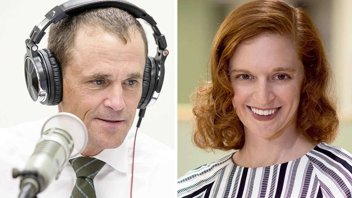 Headshot of Jim Ryan wearing headphones next to headshot of Rachel Wahl