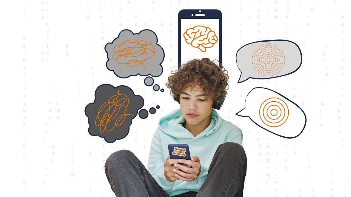 Photo illustration of a teen boy with brown curly hear wearing a hoodie and looking at a cell phone. Around his head are speech bubbles and phones with scribbles and drawings inside, illustrating noise and confusion.