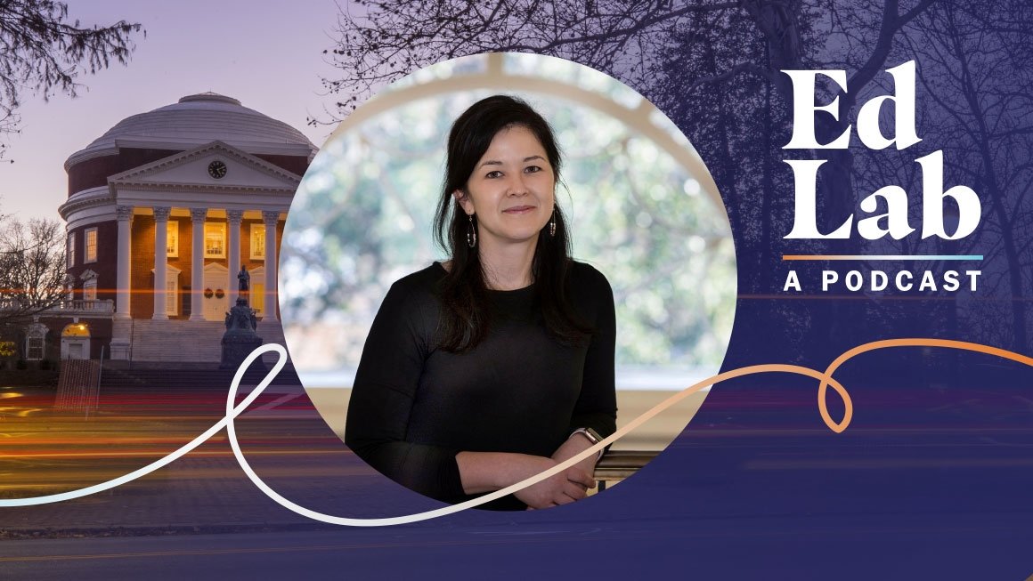 Jennie Chiu headshot in front of the Rotunda with the EdLab logo on the right.
