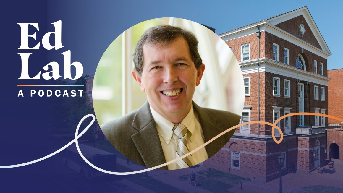 Dewey Cornell headshot with Bavaro Hall and EdLab a Podcast logo in the background