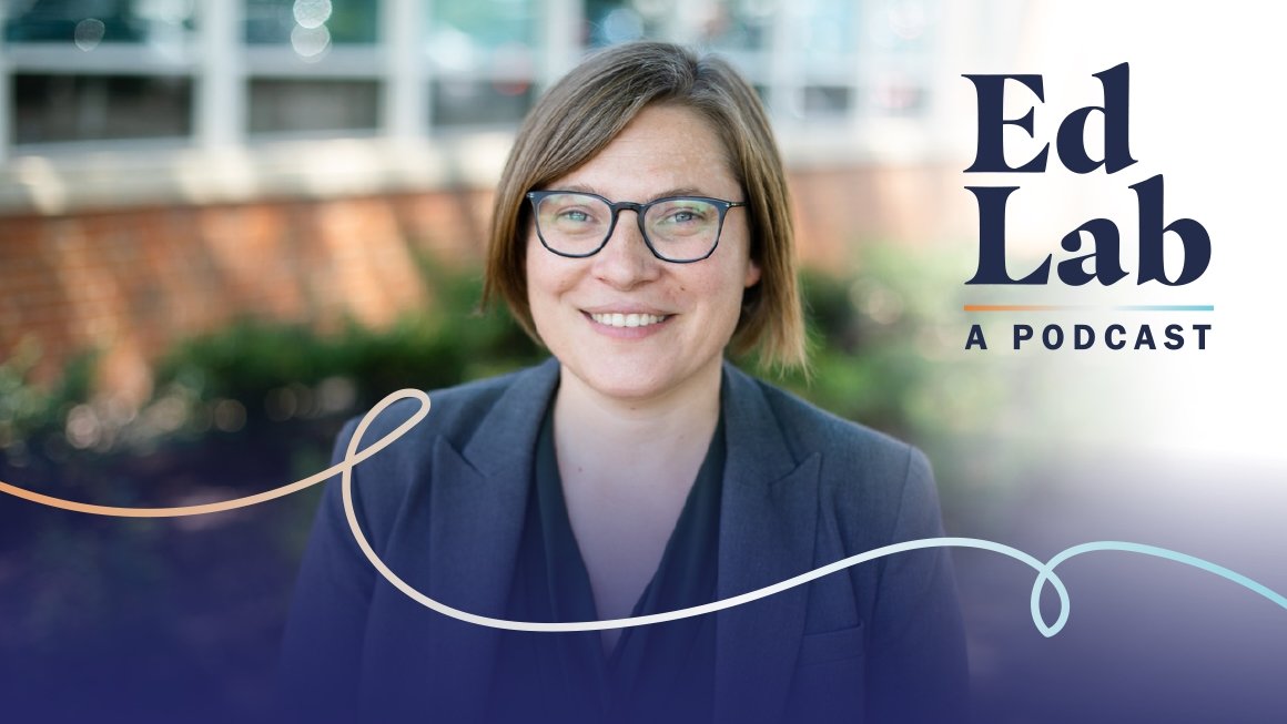 Beth Schueler headshot with EdLab A Podcast logo