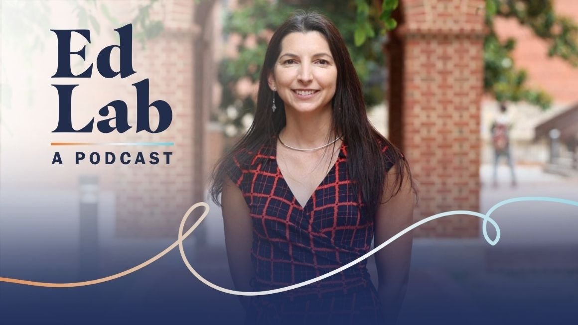Jamie Jirout standing outside with the words EdLab A Podcast to the left of her
