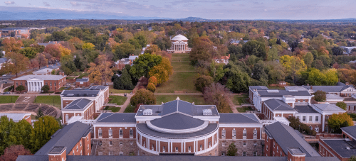 An aerial view of the UVA Rotunda and the Lawn