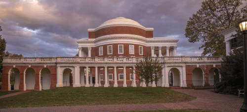 The UVA Rotunda shot from the Lawn at dusk