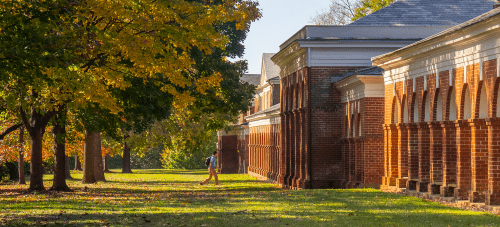 A student walking across the UVA Lawn