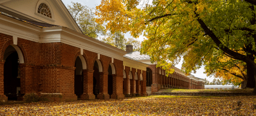 An exterior shot of a UVA building with fall foliage surrounding it