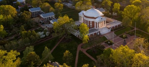 An aerial view of the UVA Rotunda and Grounds