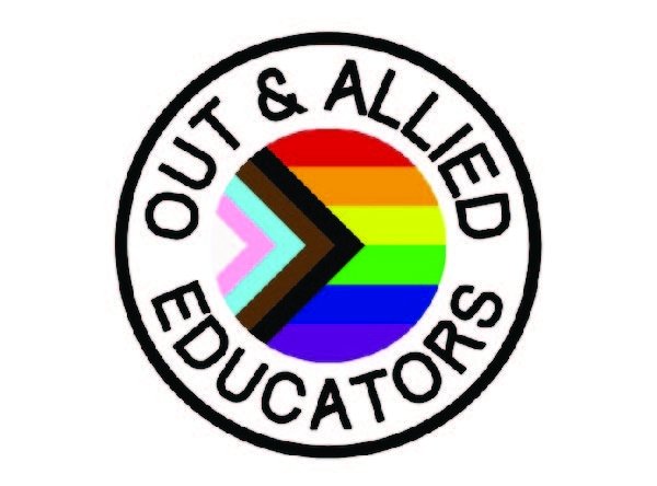 Out and Allied Educators Logo_600x444_2022-11-30 Out and Allied Educators logo. A circle shape with the Progress Pride Flag in the middle