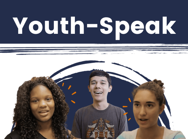 The words Youth-Speak above three youth smiling at the camera
