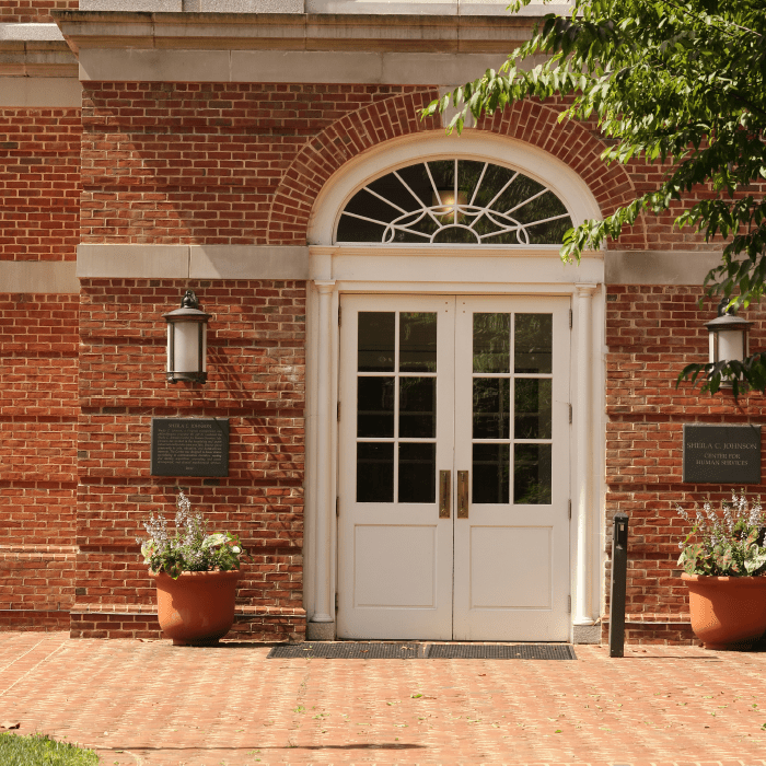 An exterior shot of the Sheila C. Johnson Center building entrance