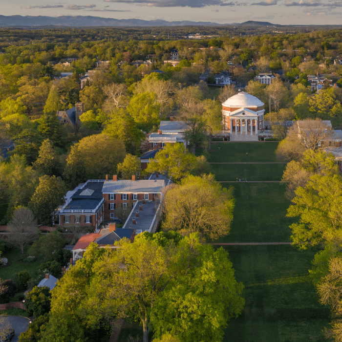 An aerial view of the UVA Rotunda and the Lawn