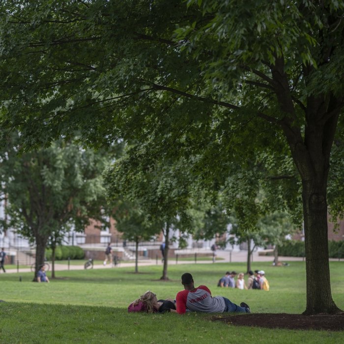 Two students lounge in the grass under a large shady tree with academic buildings in the background