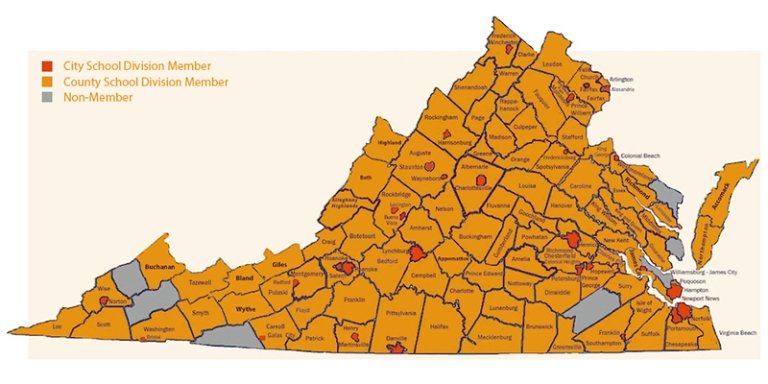 A map of each school division in the state Virginia. 125 divisions are orange and red, orange are county school divisions and red are city school divisions. These mark UVA K-12 Advisory council members. Seven divisions are grey, representing non members.