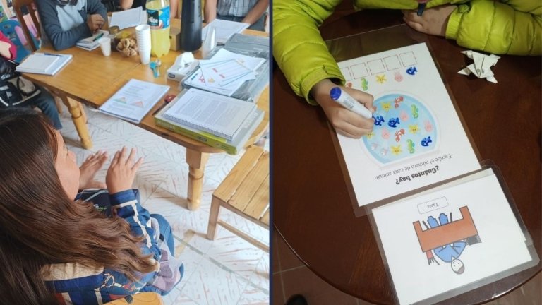 On the left, a woman with dark hair speaks to a group of people sitting around a table with notebooks. On the right, a child fills in a worksheet with colorful drawings.