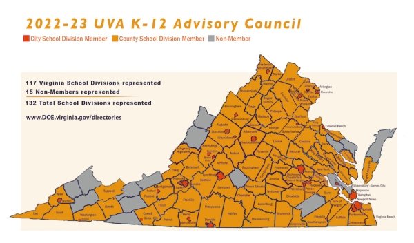 Map of Virginia with most school divisions colored orange, indicating membership in the UVA K-12 Advisory Council