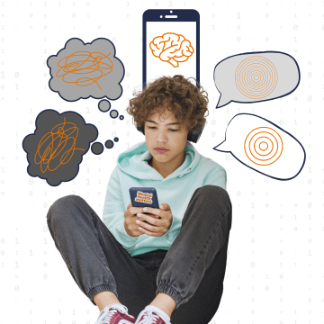 Teen boy using his phone with 5 thought bubbles over his head.