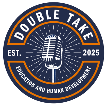 Circular image with a microphone in the middle and the words Double Take Education and Human Development established 2025 around the edge.
